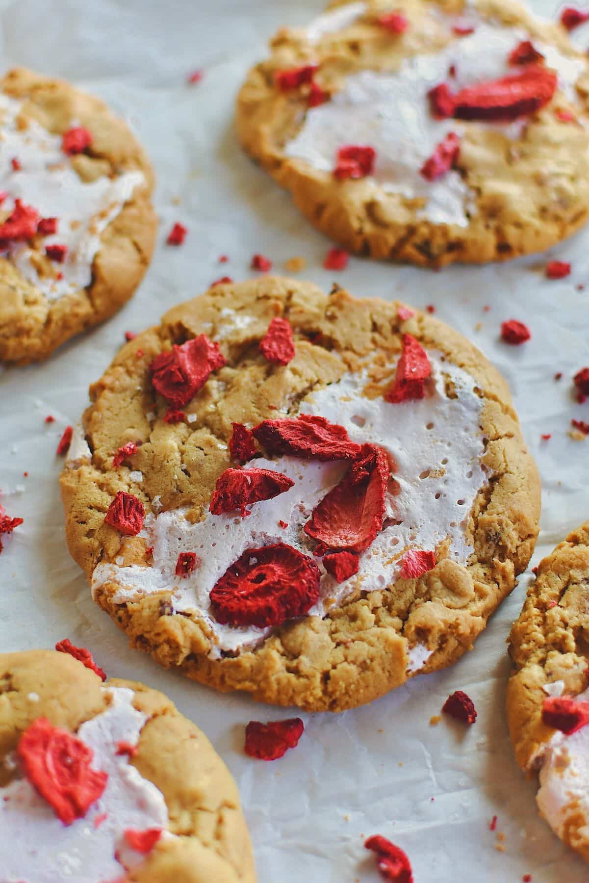 Strawberry Cookies just out of the oven and topped with more chopped freeze-dried strawberries and flakey sea salt.