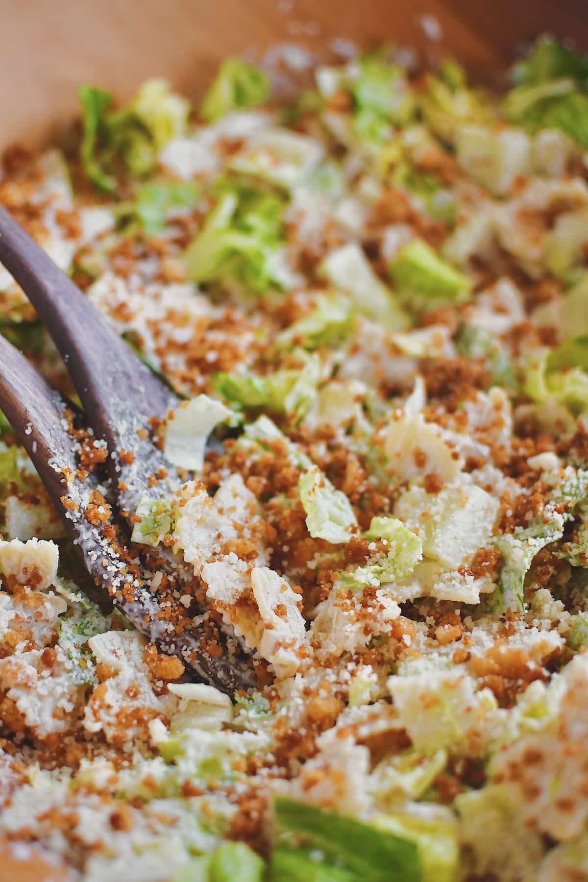 Caesar Pasta Salad fully tossed together and ready to be eaten.