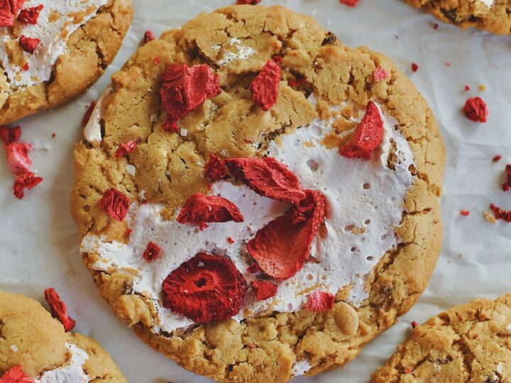Strawberry Cookies just out of the oven and topped with more chopped freeze-dried strawberries and flakey sea salt.