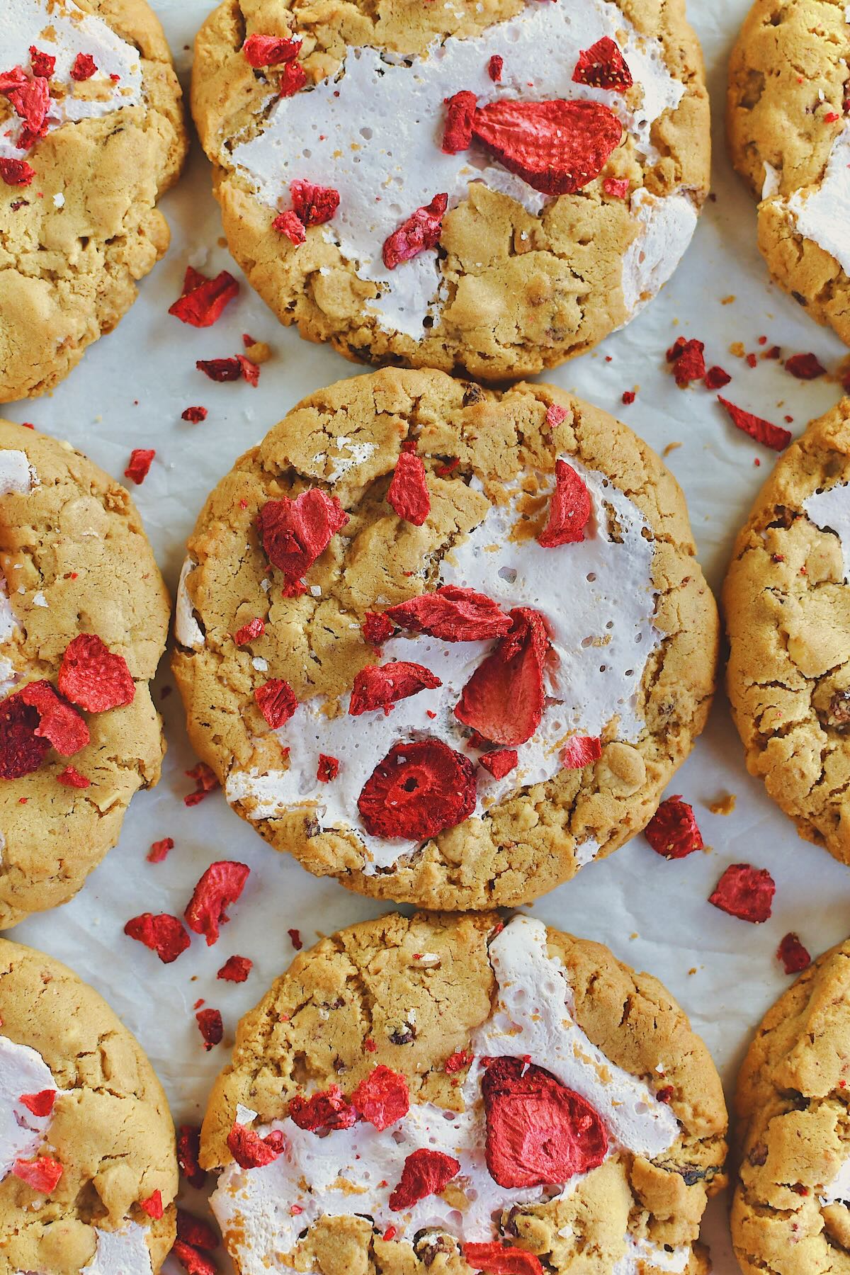 Strawberry Cookies just out of the oven and topped with more chopped freeze-dried strawberries and flakey sea salt.