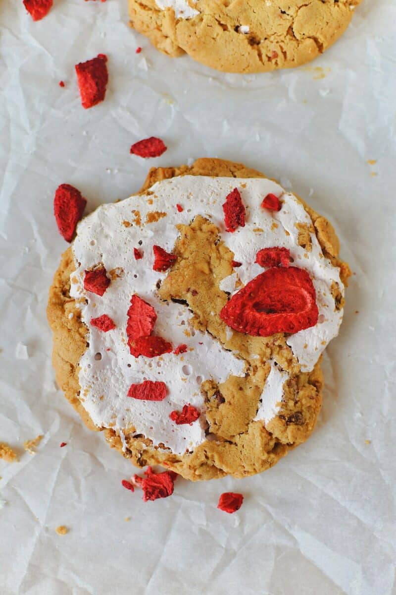 Strawberry Cookies just out of the oven and topped with more chopped freeze-dried strawberries and flakey sea salt.