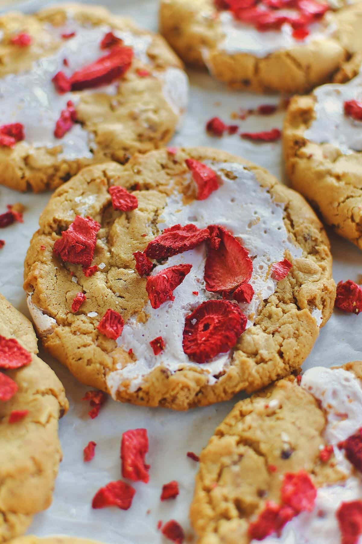 Strawberry Cookies just out of the oven and topped with more chopped freeze-dried strawberries and flakey sea salt.