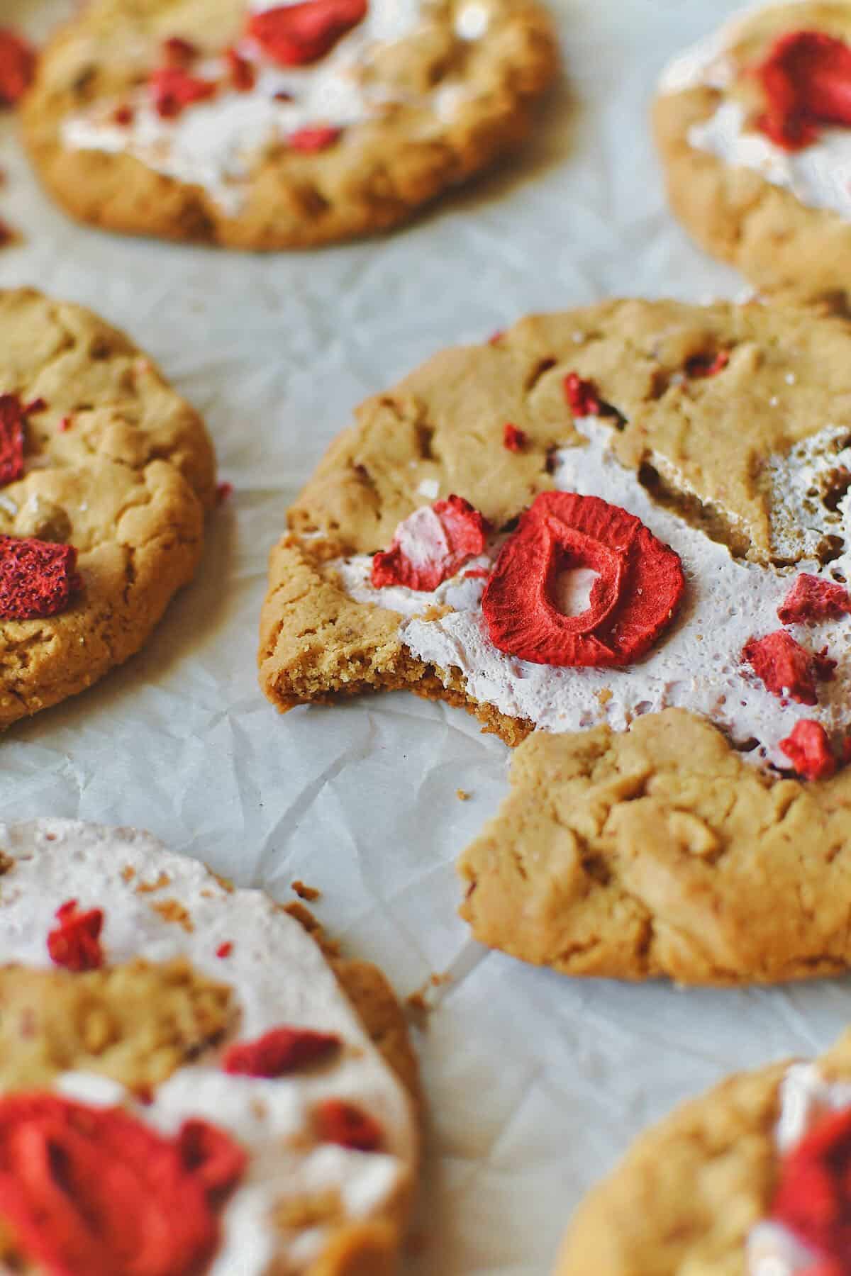 Strawberry Cookies just out of the oven and topped with more chopped freeze-dried strawberries and flakey sea salt.