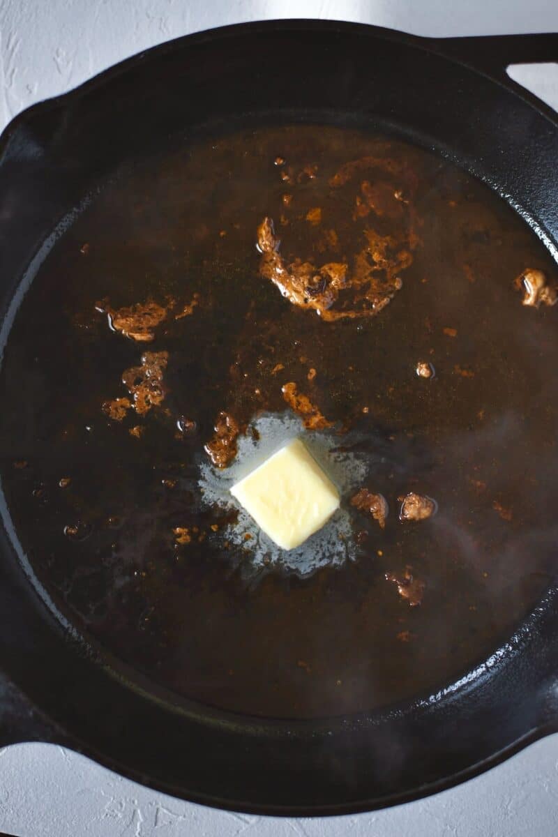 Medallions removed from the pan, and wine and butter added to it to create a pan sauce.