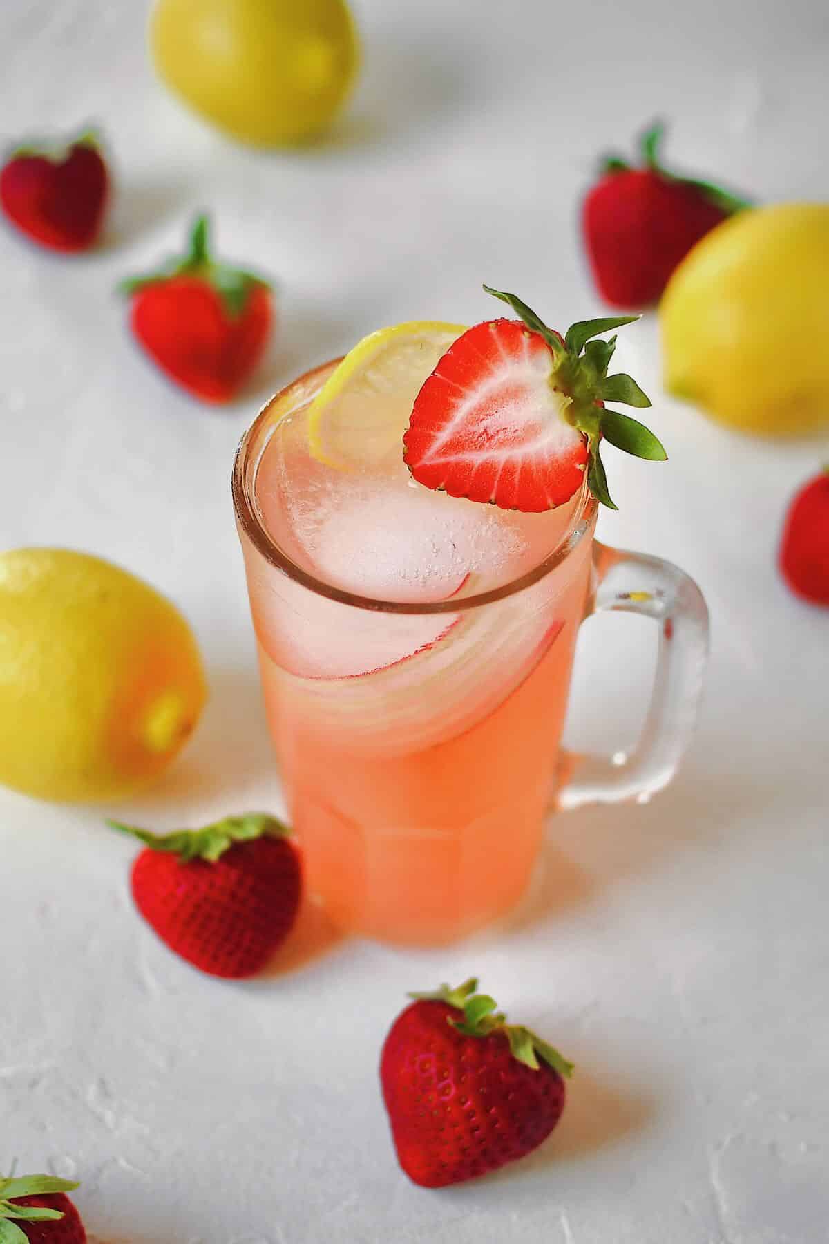 Top view looking into a glass of Strawberry Lemonade.
