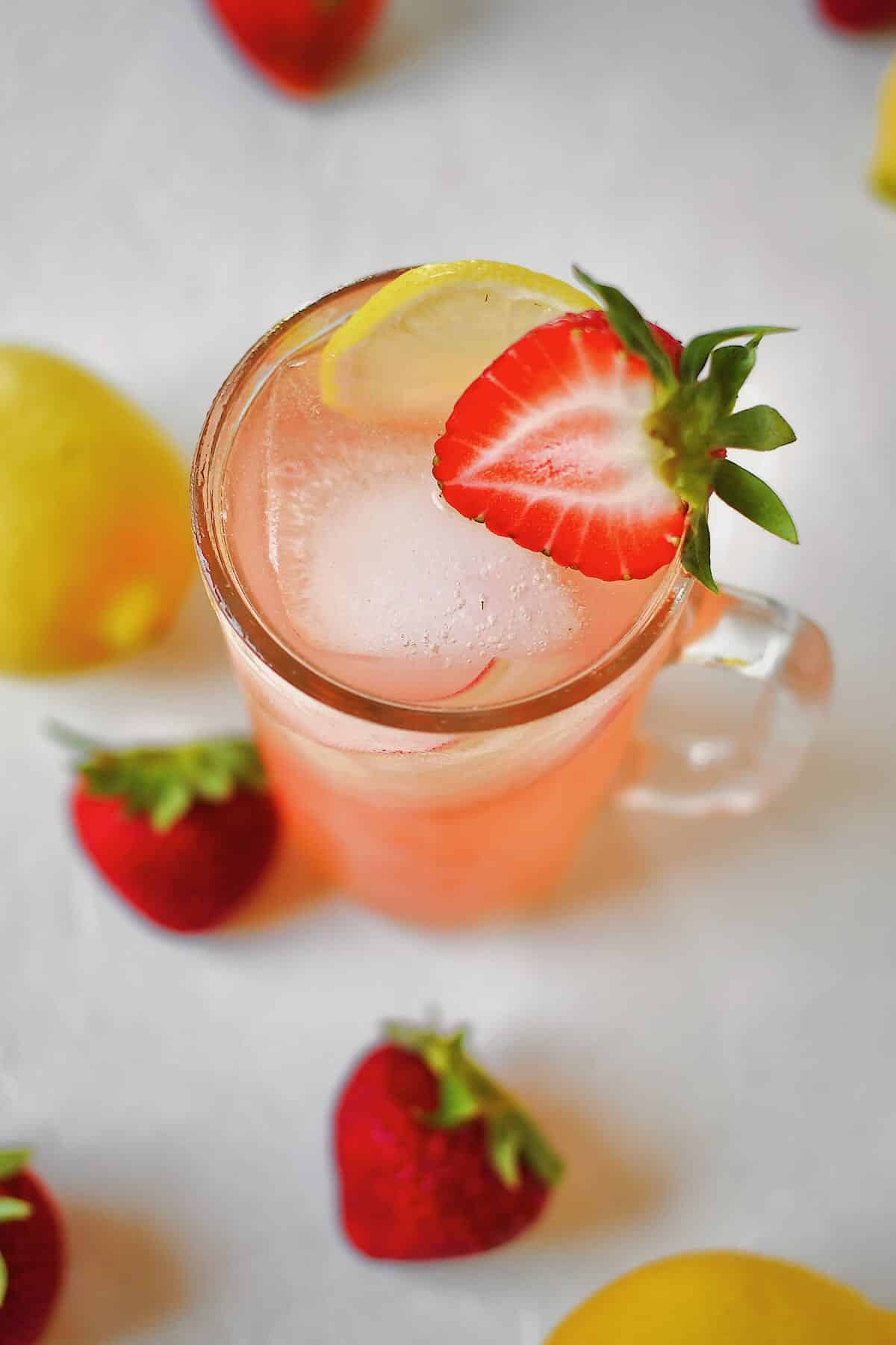 Top view looking into a glass of Strawberry Lemonade.