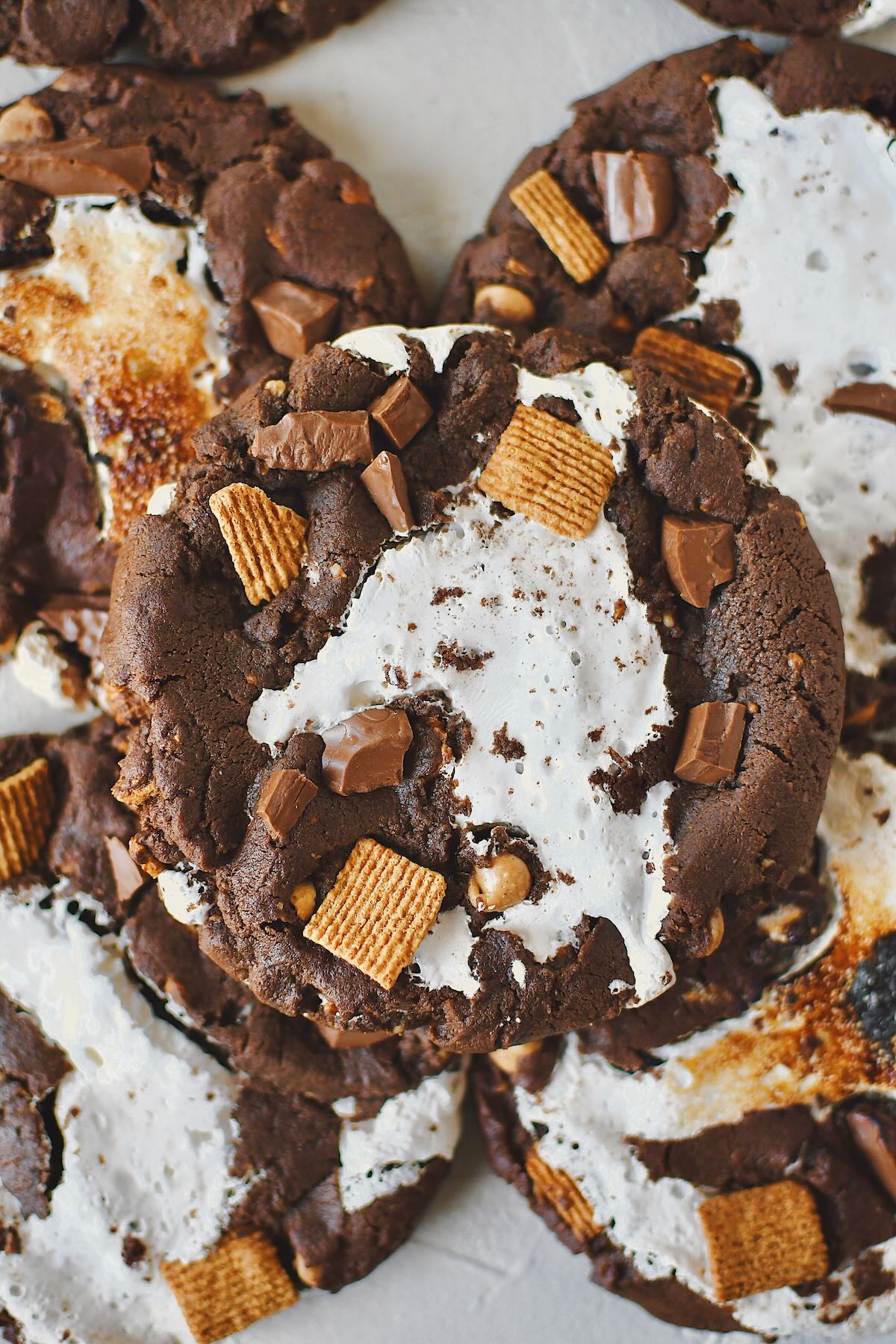 Chocolate Marshmallow Cookies ready to eat, some with toasted marshmallow.