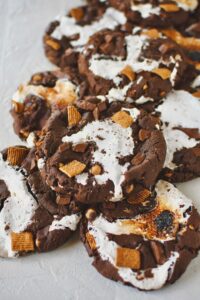 Chocolate Marshmallow Cookies ready to eat, some with toasted marshmallow.