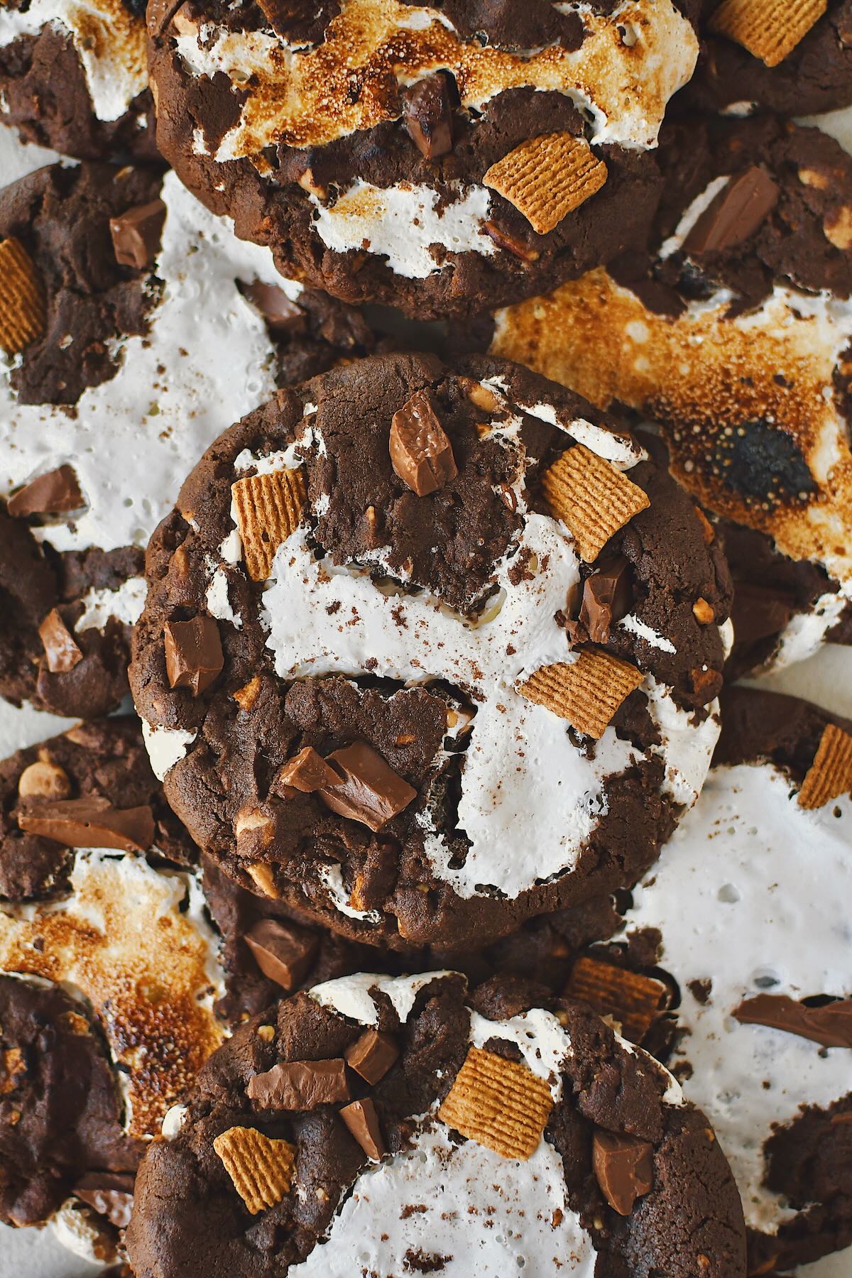 Chocolate Marshmallow Cookies ready to eat, some with toasted marshmallow.