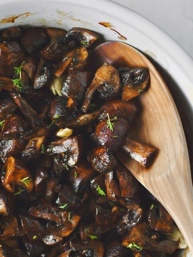 Roasted Mushrooms after roasting and tossing with aged balsamic vinegar.