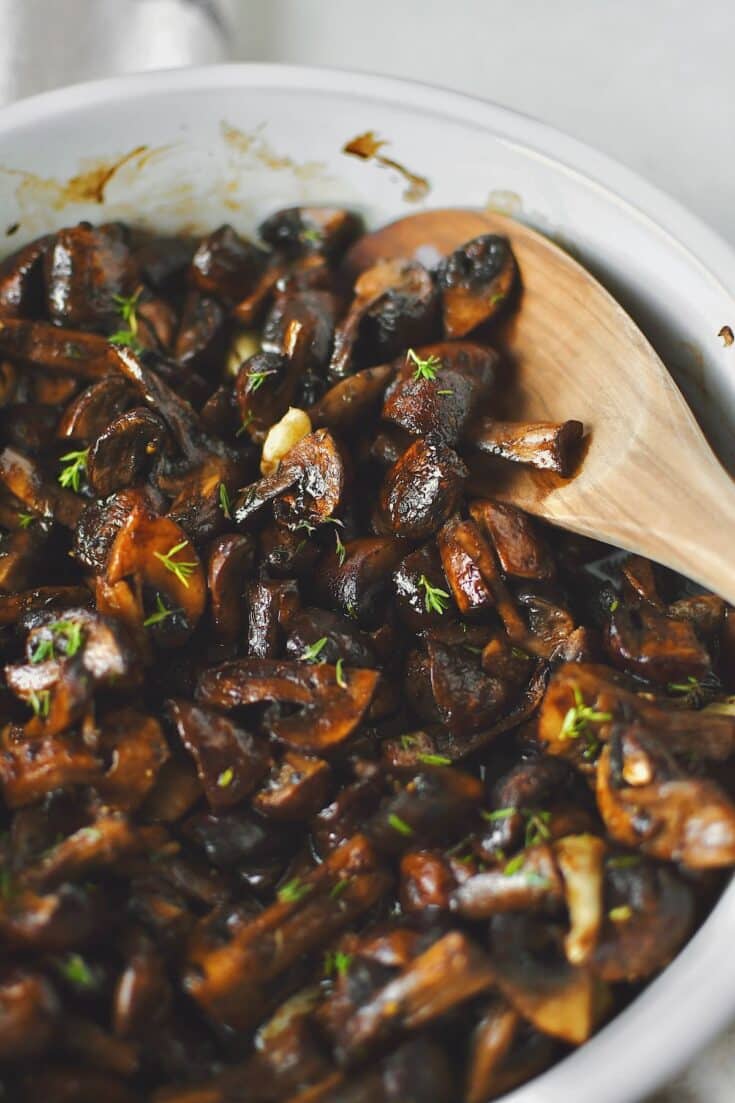 Roasted Mushrooms after roasting and tossing with aged balsamic vinegar.