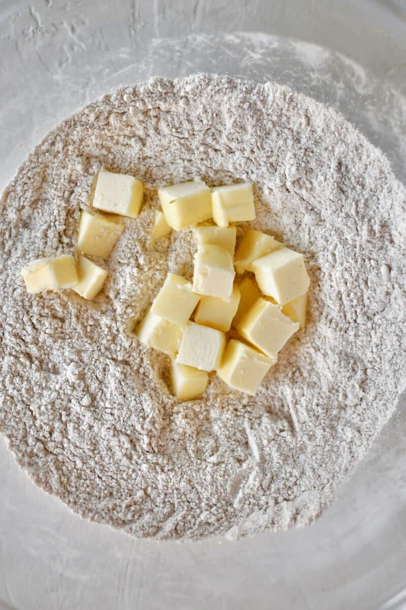 Dry ingredients in a large bowl before cutting the butter in.