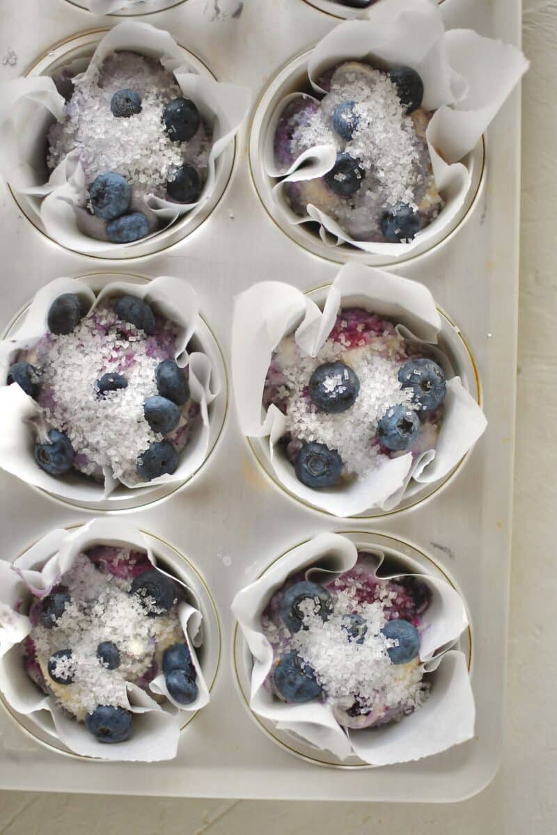 Portioned muffin batter in a muffin tin, topped with crystal sugar, and more fresh blueberries.