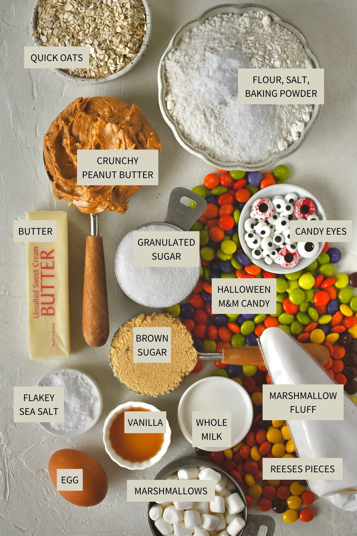 Ingredients needed to make Peanut Butter Monster Cookies.