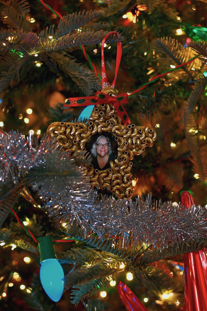 Macaroni Start Pasta Christmas Ornament, photo of my mom on a beautifully decorated tree.