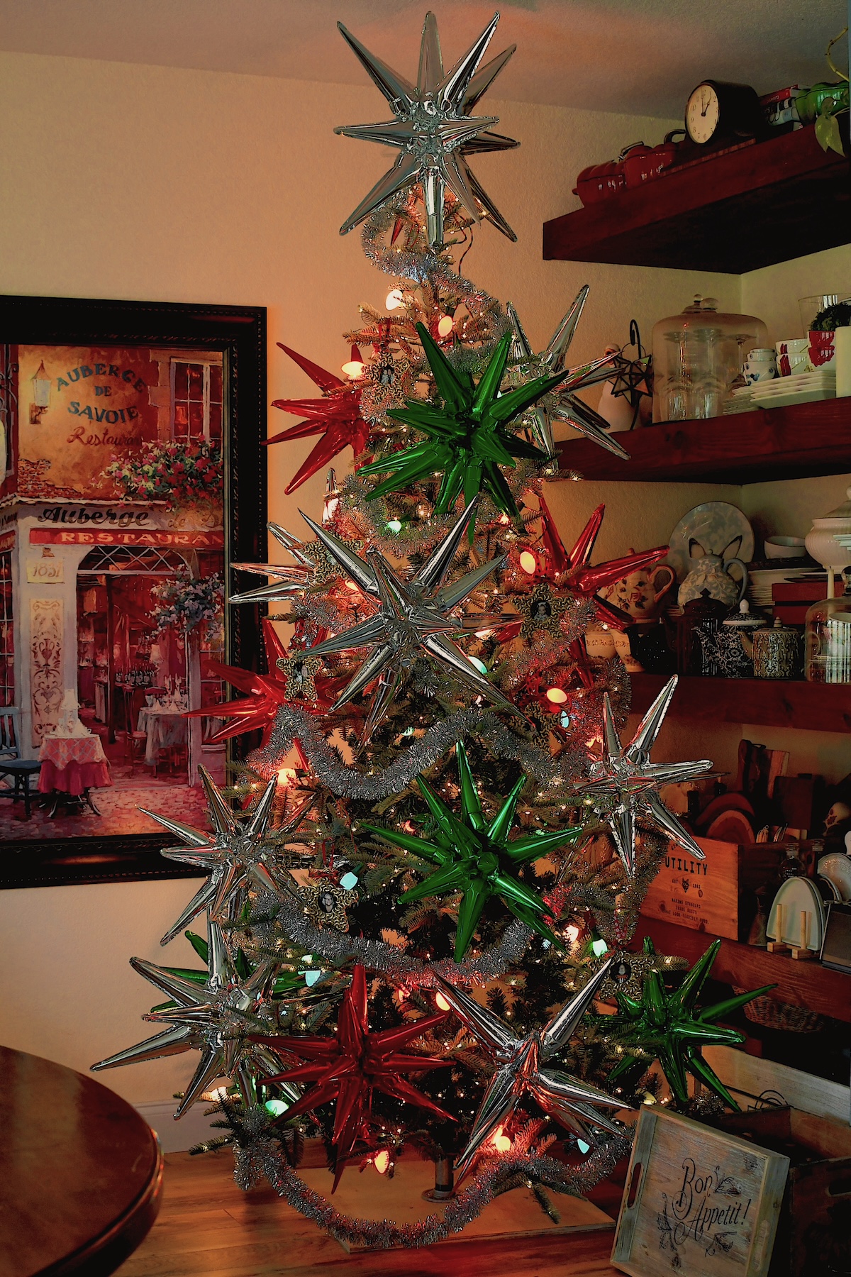 Finished tree, adorned with all of our Easy Pasta Christmas Ornaments.