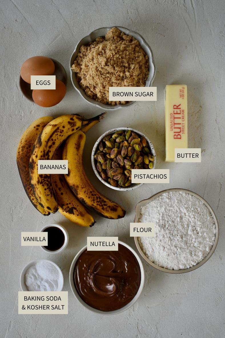 Ingredients needed to make Pistachio Banana Bread.