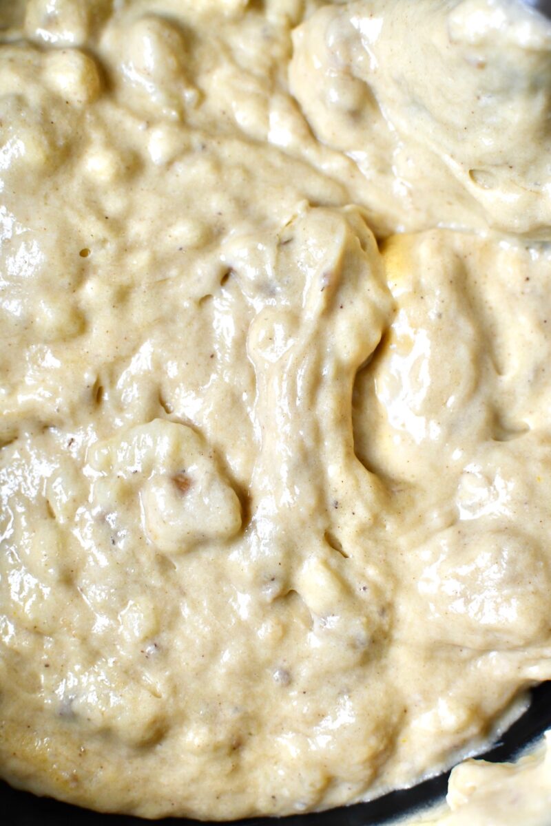 Finished batter after adding in the bananas and remaining ingredients.