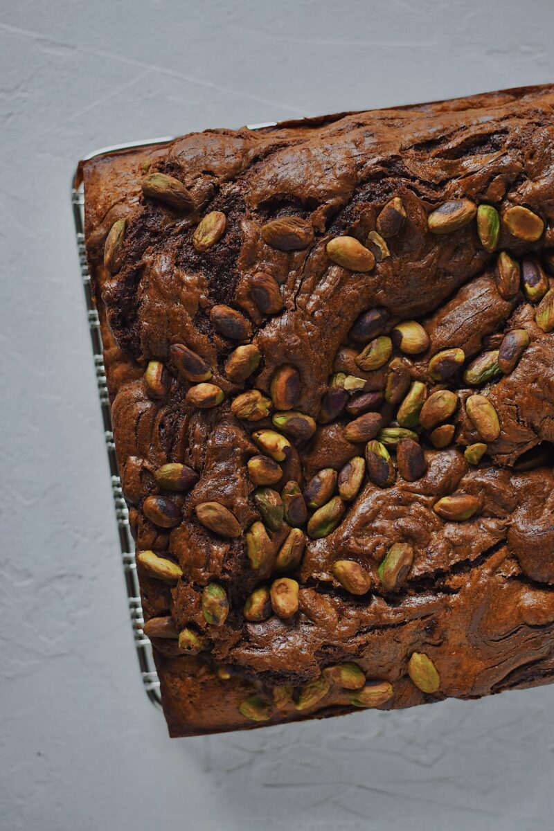 Pistachio Banana Bread, fresh from the oven and removed from the pan to cool.