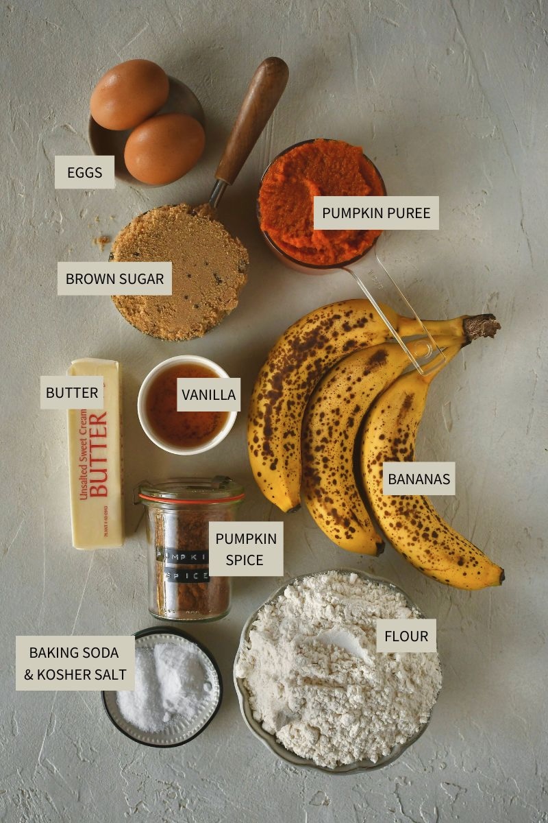 Ingredients needed to make Pumpkin Banana Bread.
