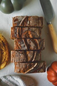 Looking down at the Pumpkin Banana Bread, after it has been sliced and is ready to serve.