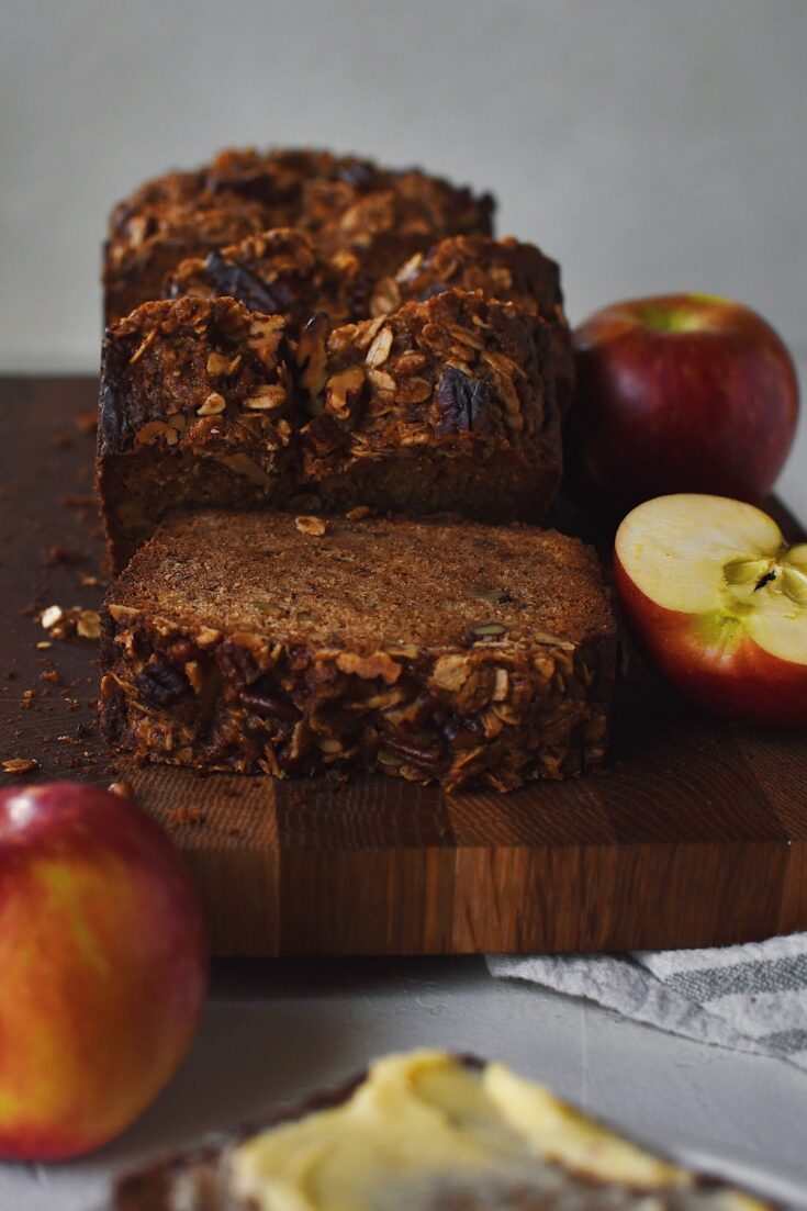 Looking at a loaf of Apple Bread that has been sliced.